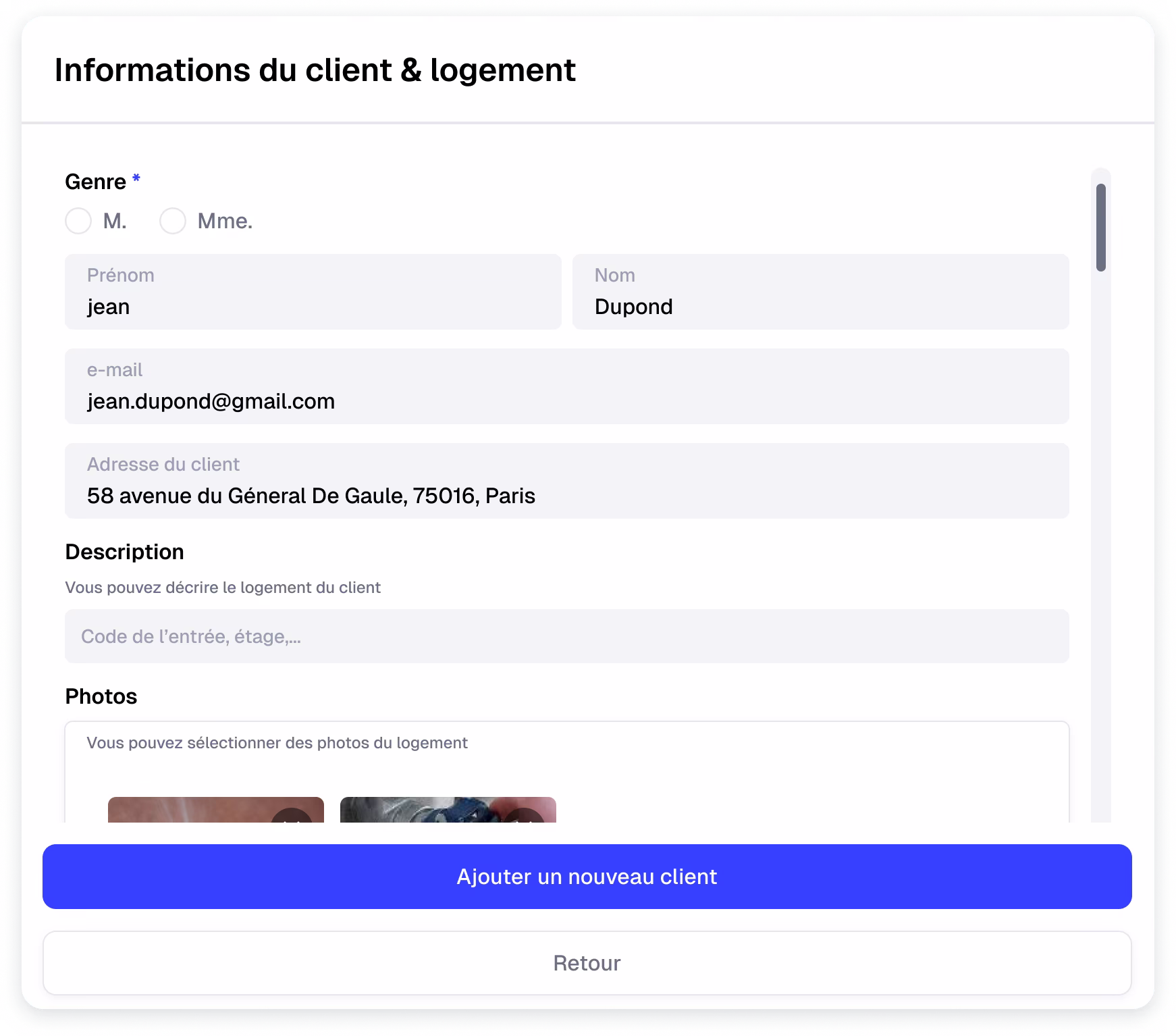 Aperçu d'une fiche client